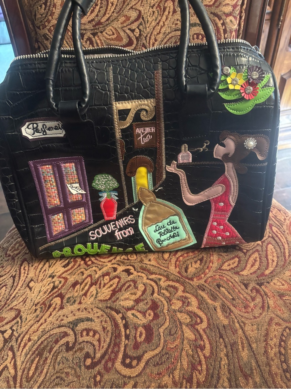 Fun handbag Black faux leatherEmbroidered Appliqué Satchel with Colorful Motifs